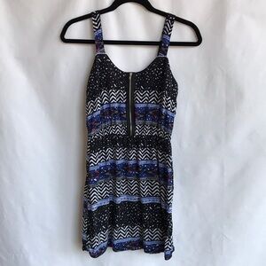 L8teR black, white, blue graphic print dress, M